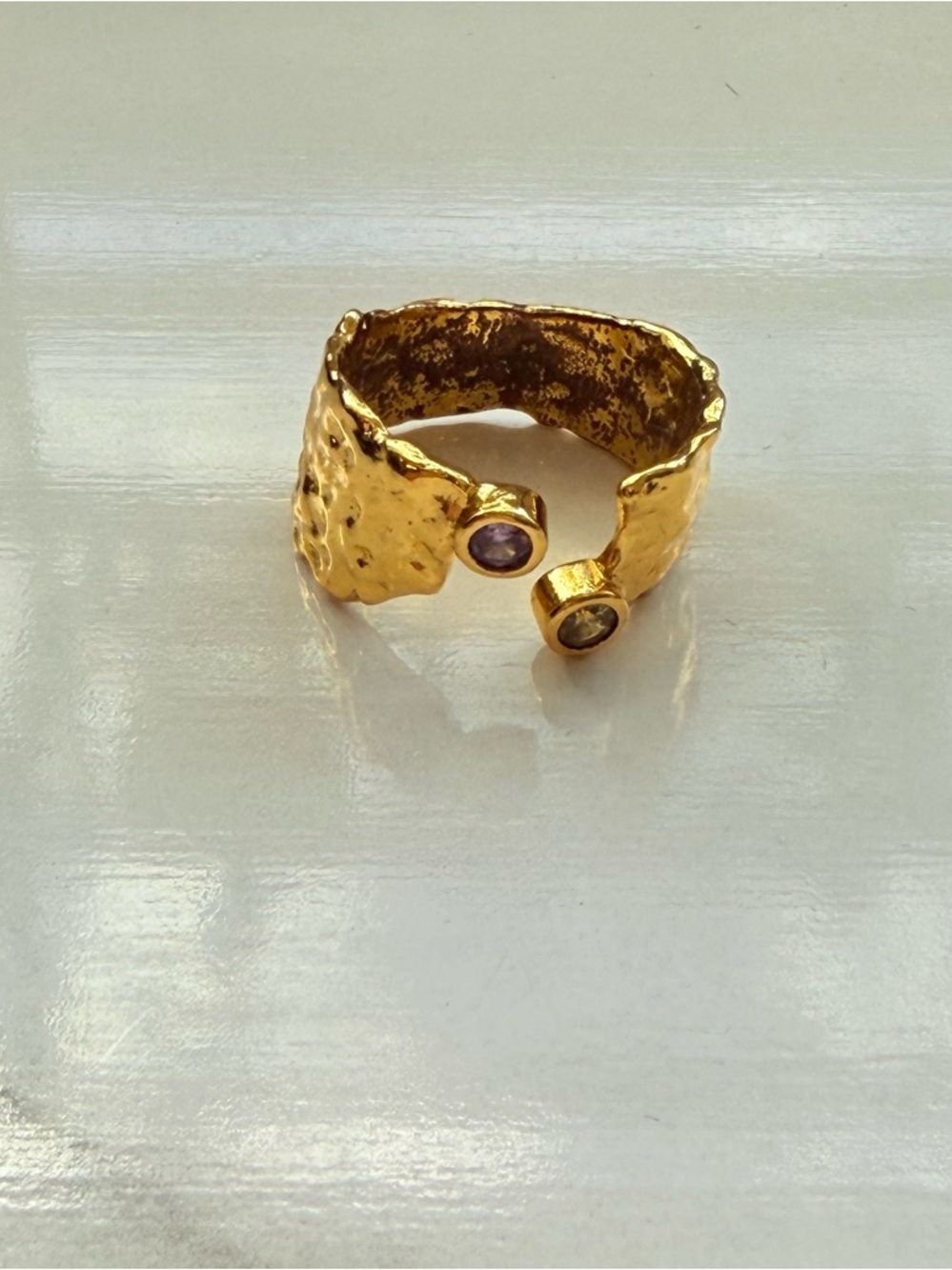 Gold Hammered Open Ring with Purple and Clear Stones NWOT